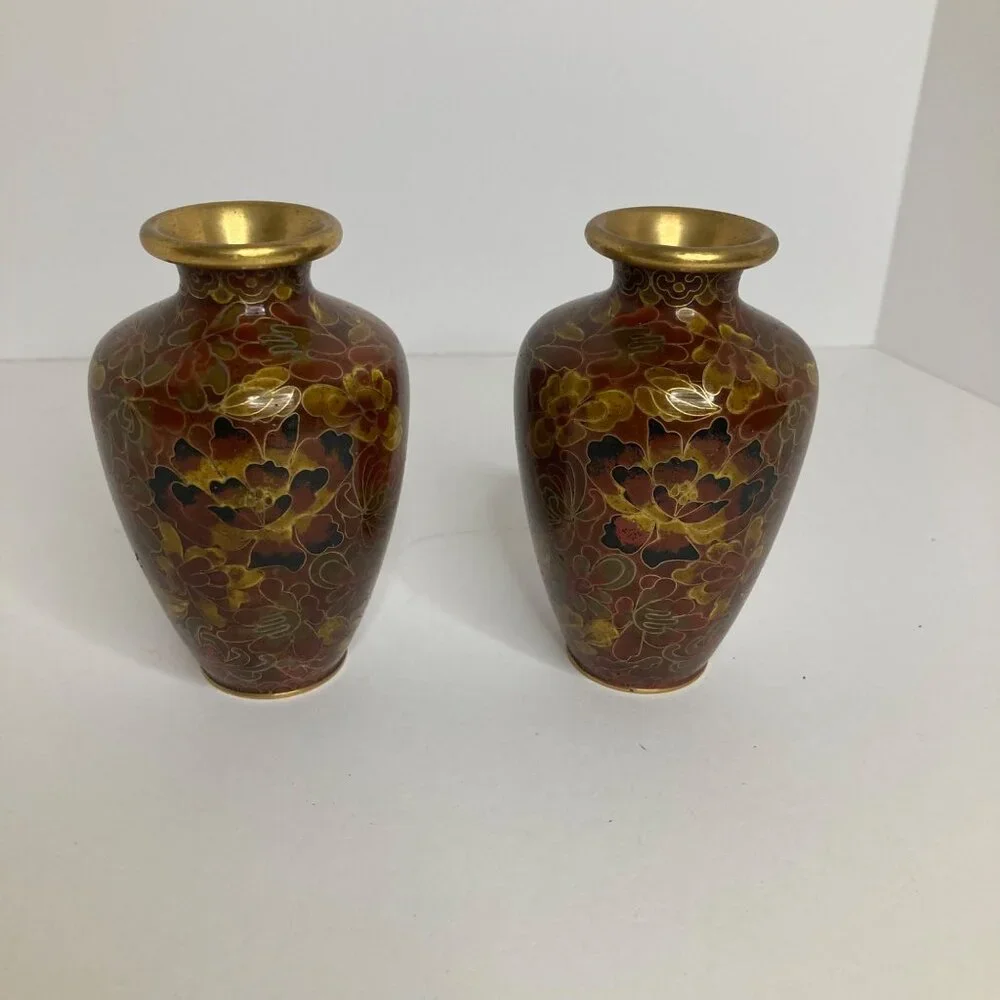 2 Vintage Floral Cloisonne Vases‎ Brown Red Black Gold 4